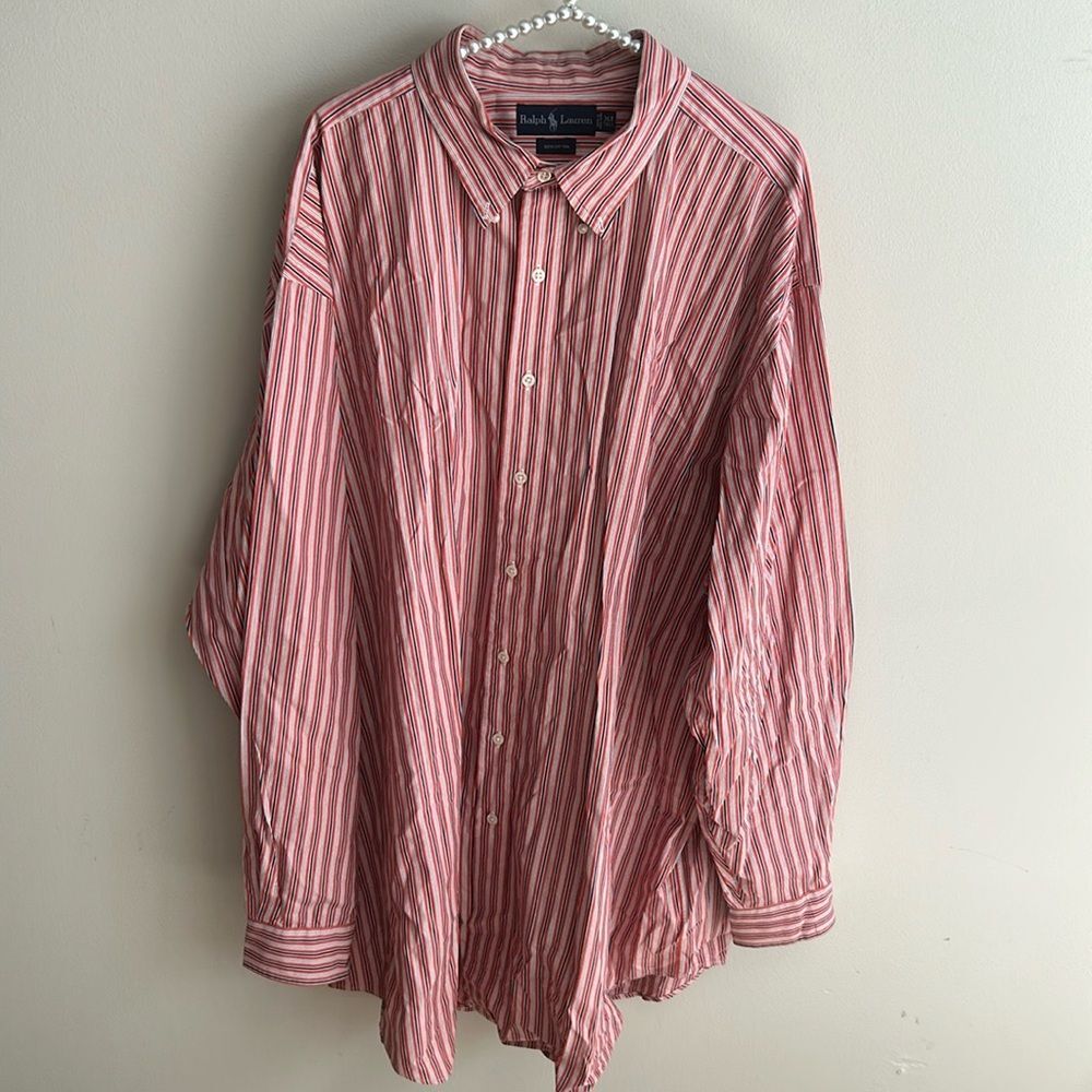 Polo Ralph Lauren Shirt 3LT Tall Red White Multi Stripe 100 Cotton Long Sleeve
